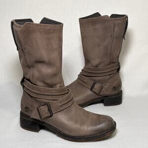 Timberland Boots Womens 7.5 Brown Pebbled Leather Zip Mid Calf Western Biker